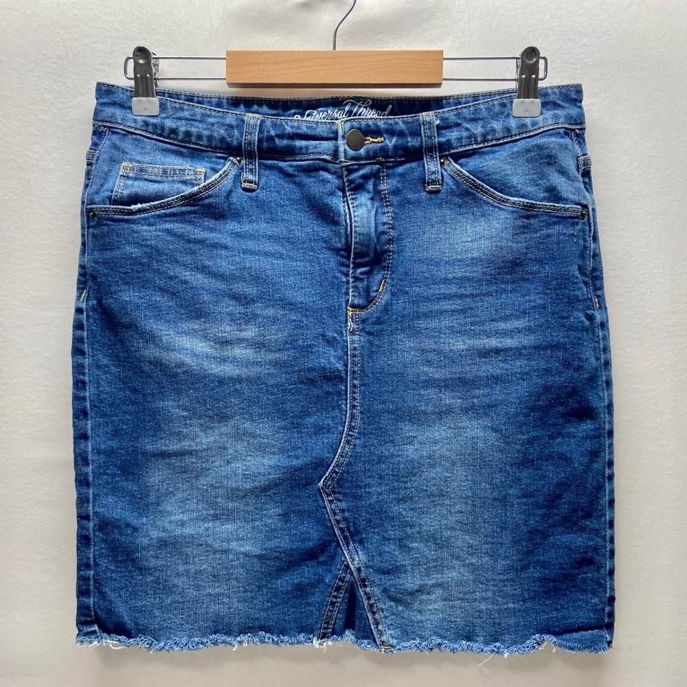 Universal Thread Denim Mini Skirt Women's 12 Blue Jean Raw Hem 5 Pocket Stretch